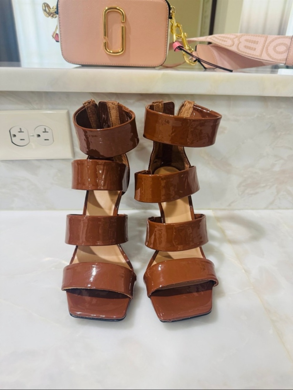 INC International Concepts Glossy Brown Multi-Strap Block Heel Sandals